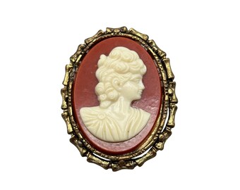 Vintage Celluloid Cameo Pin Small Oval Lady Face Cameo Gold Tone Brooch