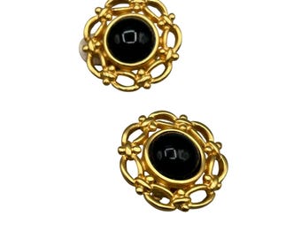 ANNE KLEIN Clip On Earrings Gold Tone And Black Cabochons Round Retro Clips Signed AK