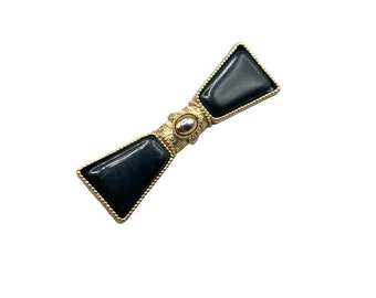 Vintage 1928 Brand Pin Brooch Victorian Black Black Bow Bar Pin Gold Tone Metal