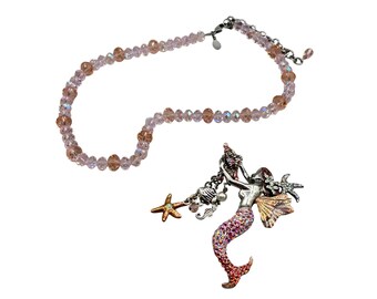KIRKS FOLLY Mermaid Necklace Enhancer Pendant Brooch Pink Tones Pin With Dangles Beaded Necklace