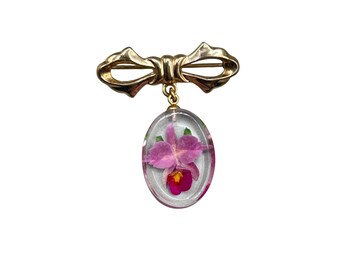 Vintage Lucite Pink Orchid Flower Dangle Pin Brooch Reverse Carved Floral Pin Bow With Oval Pendant