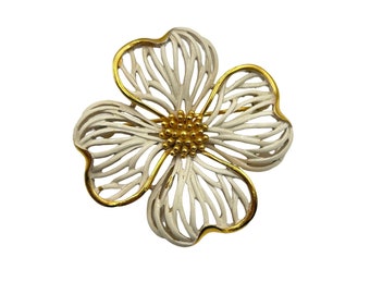 Vintage Signed Trifari Dogwood Flower Brooch Pin Gold Tone and White Enamel