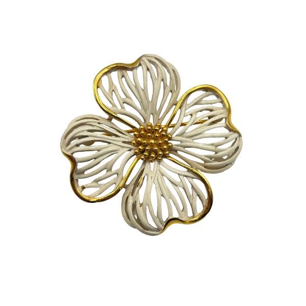 Vintage Signed Trifari Dogwood Flower Brooch Pin Gold Tone and White Enamel