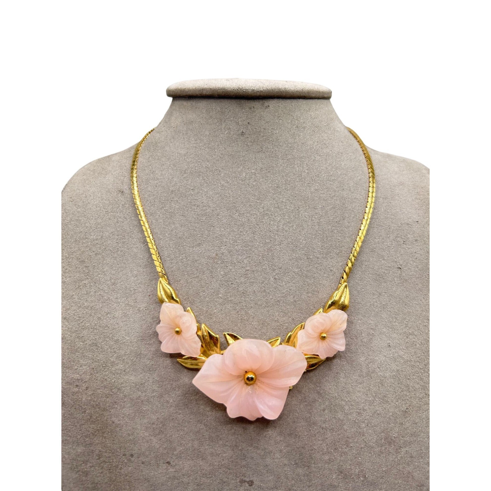 80s Trifari Necklace Pink Flower With Gold Tone Chain