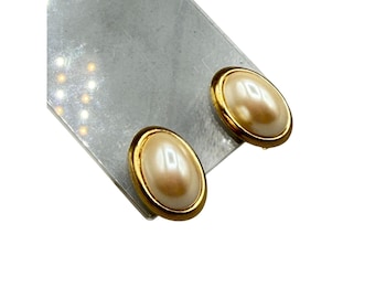Vintage Miniature Clip On Earrings Oval Faux Pearls Gold Tone