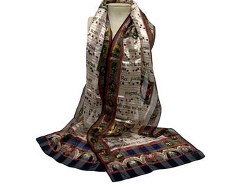 ECHO Silk Scarf Rectangular Long Hand Rolled Scarf With Classic Musical Design