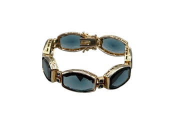 Vintage Blue Glass Panel Bracelet Gold Tone Links Glass Stones