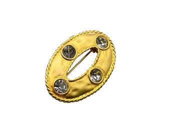 Vintage 80s 90s Matte Gold Tone Pin Brooch with Smokey Rhinestones Oval Shaped