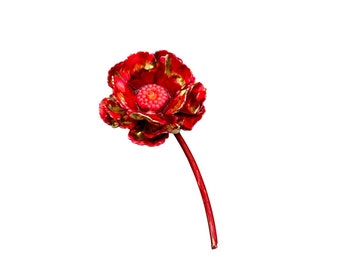 Vintage Made in Germany Enamel Flower Pin Brooch Red Tones Over Gold Color Metal