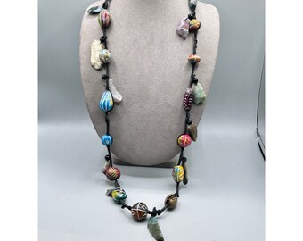 Native Handmade Long Necklace Hand Painted Clay Beads and Carved Stones Charms