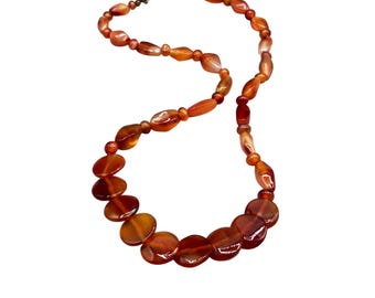Vintage Carnelian Necklace Beaded Semi Precious Gemstone Single Strand