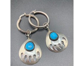 Native Bear Paws Earrings Jackets On Hoops Sterling Silver Turquoise Handcrafted