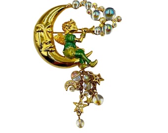 Kirks Folly Pipe Dream Fairy Brooch Moonface Gold Tone Crescent Moon Fairy