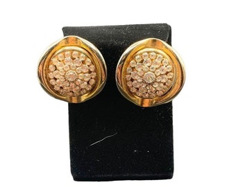 Big Statement Rhinestones Clip On Earrings Round Gold Tone Clear Prong Set Glass