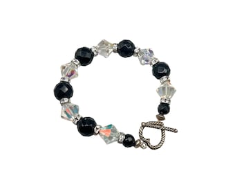 Beaded Crystals Bracelet Black and Clear AB Aurora Borealis Beads Sterling Clasp