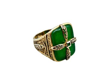 Jadeite Ring Size 10 Gold Over Sterling Silver 925 Green Stone Statement Ring