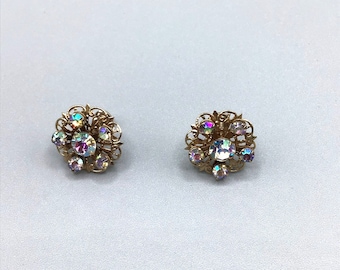 Vintage Rhinestones & Gold Tone Filigree Earrings Retro Flowers Aurora Borealis