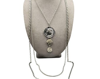 Vintage Coins Necklace Silver Tone Faux Roman Coins Multichain