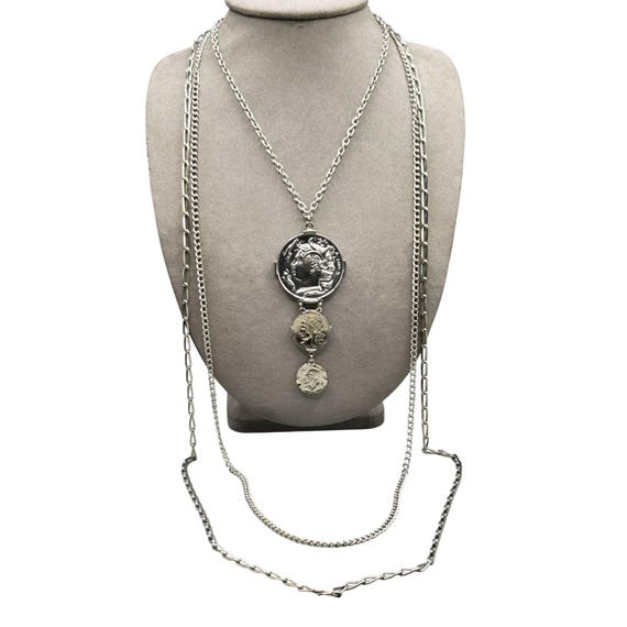 Vintage Coins Necklace Silver Tone Faux Roman Coins Multichain