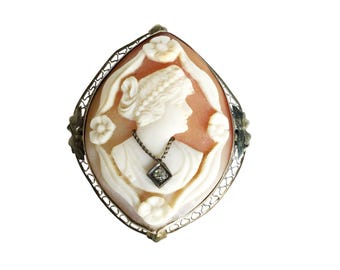 14k Gold Art Deco Detailed Carved Genuine Carved Cameo Brooch Filigree Frame