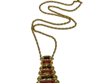 Vintage Signed D'Orlan Articulated Gold Tone Pendant Necklace Red Black Enamel