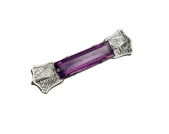 John H Peckham Bar Brooch Antique Art Deco Filigree Amethyst Glass Rhodium Plated