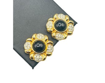 Ivana Signed Gold Tone Clip On Earrings Black Center Crystal Accents Floral
