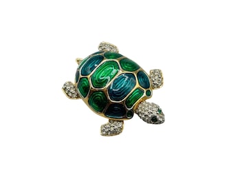 Vintage Turtle Brooch Pin Crystal Enamel Sea Animal Pin Figural Swarovski Signed