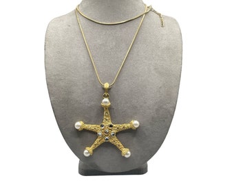 Vintage Signed CRAFT Seastar Necklace Starfish Gold Tone w Pearls & Rhinestones