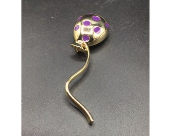 M. Jent Balloon Pin Brooch Gold Tone & Purple Enamel Polka Dots Costume Jewelry