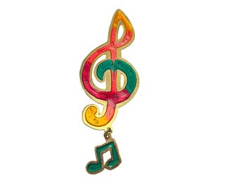 Vintage Treble Clef Music Note Gold Tone Pin Brooch Dangling Note By Two Hands