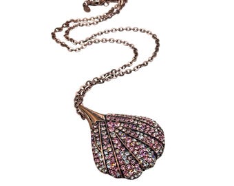 HEIDI KLUM Seashell Necklace Pink Crystals Pendant Brass Tone Metal