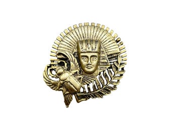 Vintage Egyptian Revival Pin Brooch Gold Tone Pharaoh Scarab 70s Jewelry