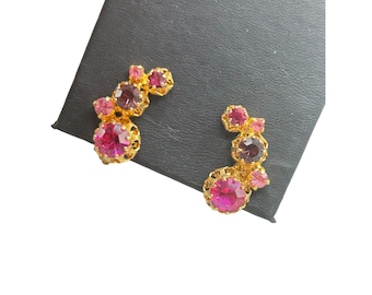 Vintage Signed Austria Clip On Earrings Pink Tones Ear Climber Design Gold Tone