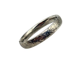 Vintage Crafmere Bracelet Sterling Silver Etched Hinged Bangle Minimalist Design