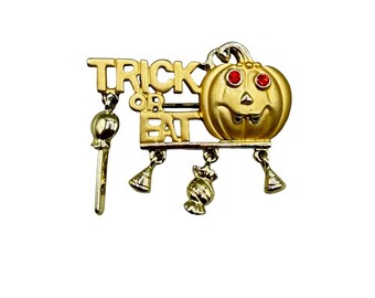 Vintage Trick Or Eat Halloween Pin Brooch Jack O Lantern Candy Dangles DANECRAFT