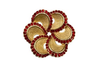Vintage Crown Trifari Flower Pin Brooch Swirl Modernist Pinwheel Red Rhinestones