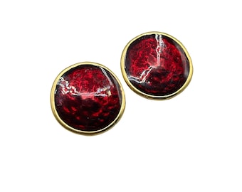 Vintage Clip On Earrings with Red Enamel & Gold Tone Trim Round Shape