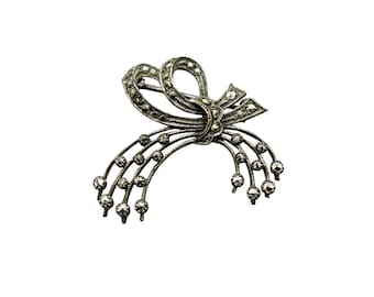 Sterling Silver Bow Pin Brooch With Marcasites Stones Antique Silver Brooch