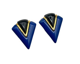 Vintage Napier Geometric Clip On Earrings Blue & Black Lucite Gold Tone Accents
