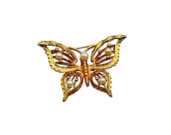 Vintage Butterfly Pin Brooch Insect Gold Tone and Faux Pearls Openwork Design