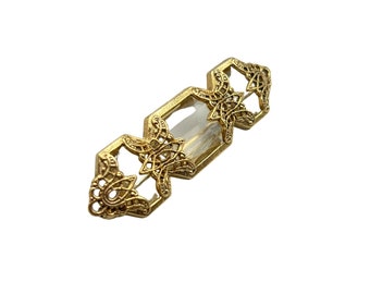 Vintage Intricate Gold Filigree Bar Pin Clear Acrylic Stones Classic Jewelry