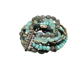 Multi Strand Bracelet With Blue Gold Semi Precious Stones Labradorite Quartz Shell beads