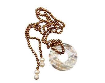 Vintage Mother of Pearl & Freshwater Pearl Lariat Necklace Handknotted