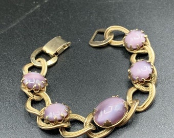 chunky chain double link bracelet gold tone with purple moonglow glass stones