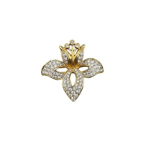 Swarovski Swan Signed Orchid Brooch Gold Tone & Clear Crystals Flower Pin