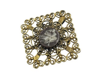 Vintage Faux Cameo Pin Brooch Pendant Scrolls Square Frame Antique Style Pin