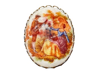 Vintage Romantic Scene Cameo Pin Brooch Costume Jewelry Sugared Style Oval Pin