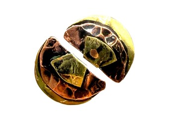 Vintage 70s Brutalist Earrings Mixed Metals Clip On Brass Copper Handcrafted Clips