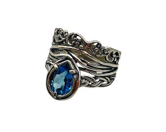 Vintage Or Paz Israel Ring Size 10 Sterling Silver London Blue Topaz Teardrop